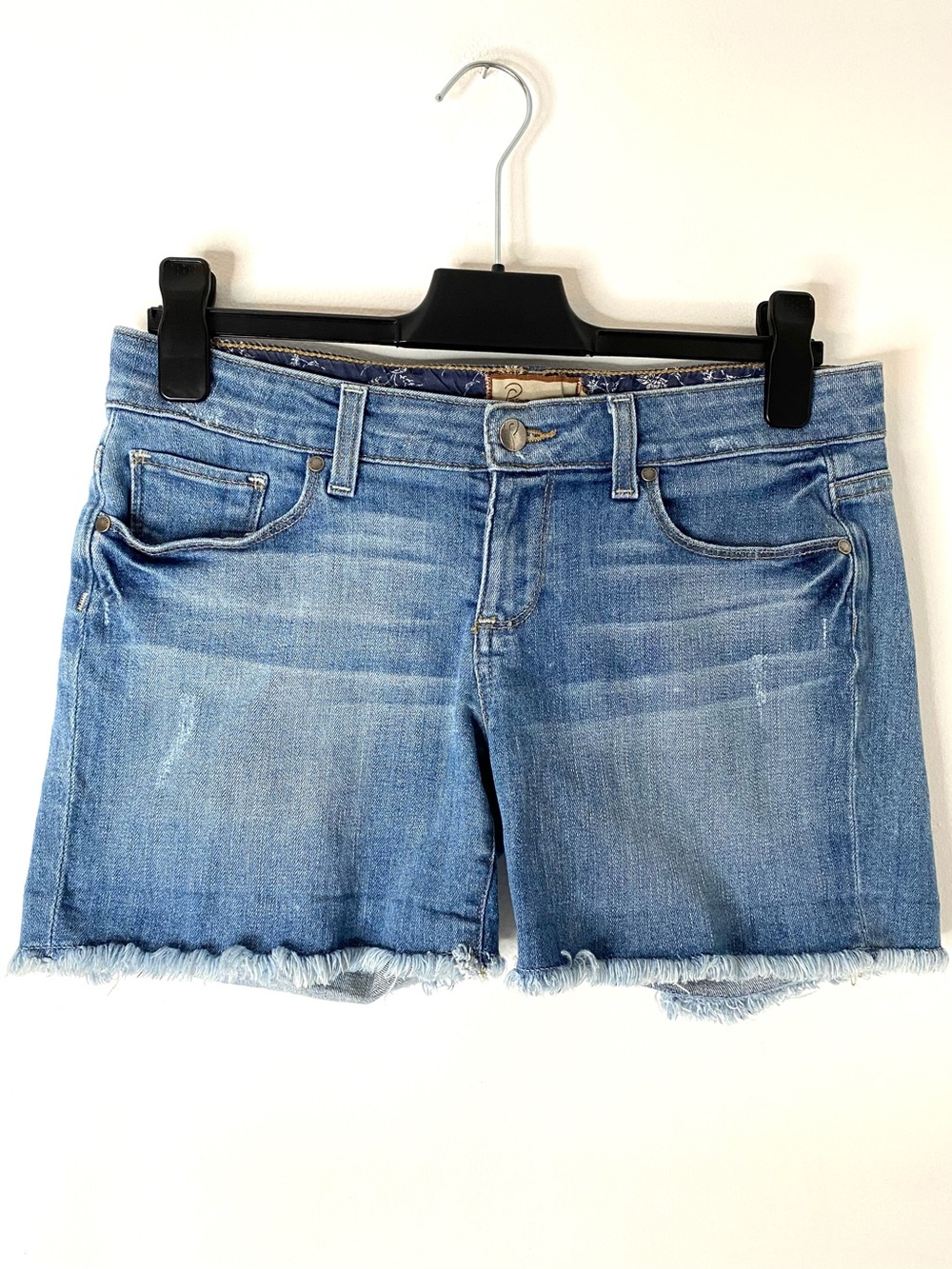 PAIGE Jimmy Jimmy Denim Shorts Medium Wash Raw Hem Distressed Cutoff Jean Shorts